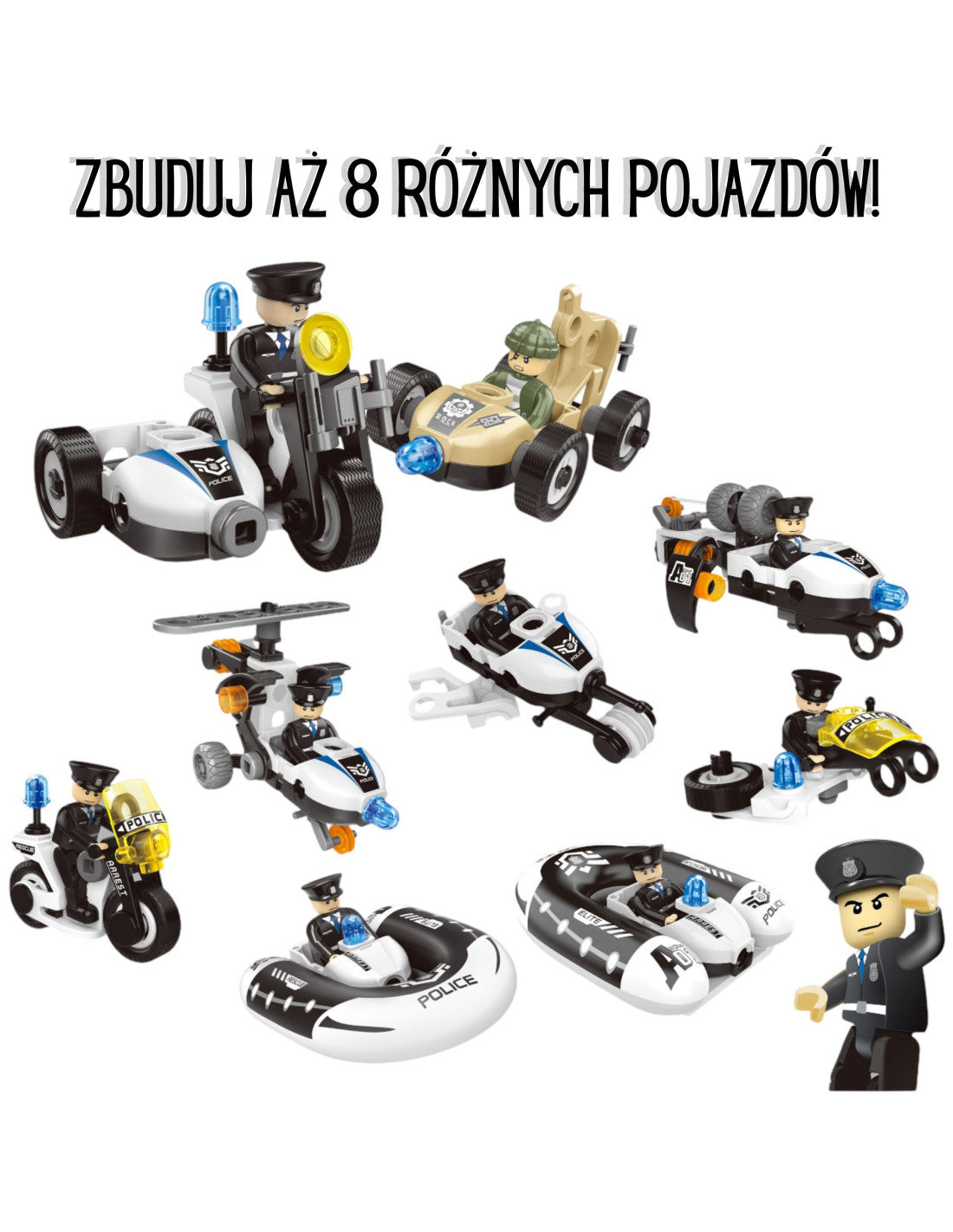 Klocki Konstrukcyjne Pojazdy Policyjne 8 Modeli STEAM — Zostań bohaterem miasta!